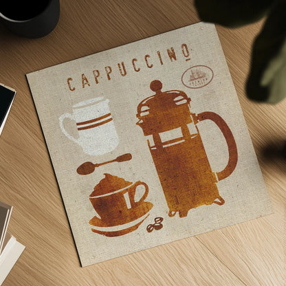 Cappuccino on Linen by Wild Apple Portfolio. Shown as a detailed flat fine art print, highlighting archival giclee quality. Available as an archival giclee rolled canvas, fine art paper, or poster print. SKU 19783a.