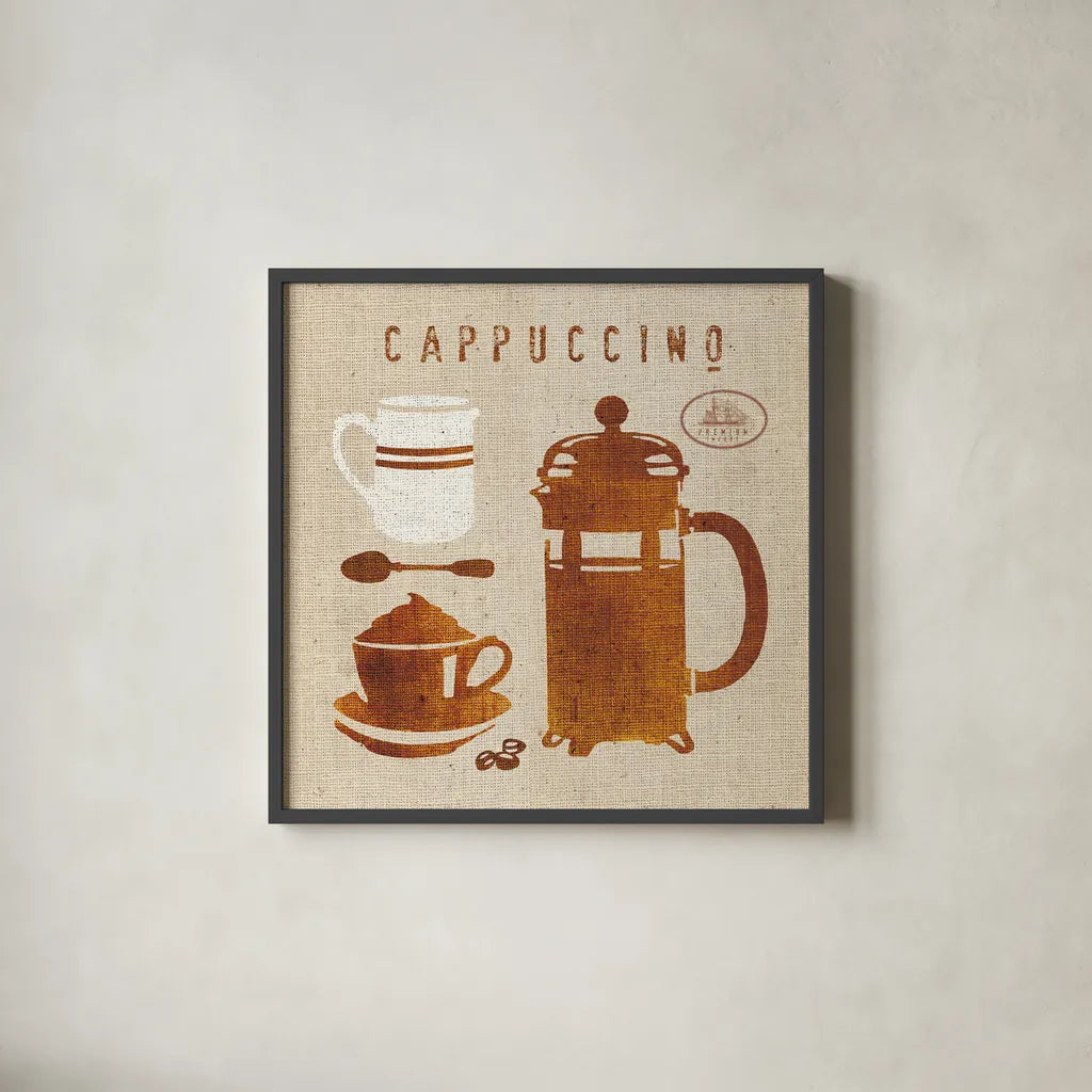 Cappuccino on Linen by Wild Apple Portfolio. Shown in a sleek black glass frame for a contemporary gallery look. Available as an archival giclee rolled canvas, fine art paper, or poster print. SKU 19783a.