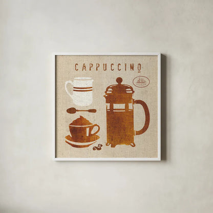 Cappuccino on Linen by Wild Apple Portfolio. Shown in a crisp white glass frame for a clean and minimalist style. Available as an archival giclee rolled canvas, fine art paper, or poster print. SKU 19783a.