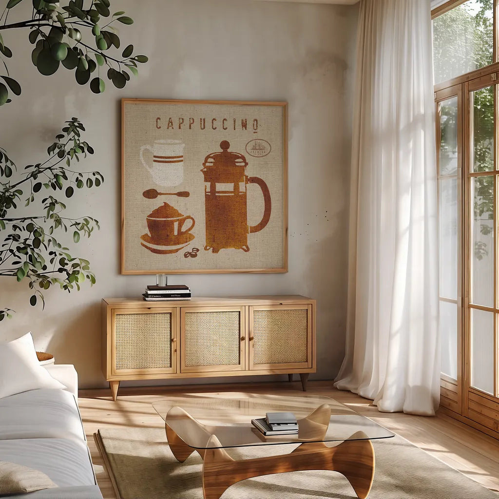 Cappuccino on Linen by Wild Apple Portfolio. Shown in a natural wood frame in a cozy modern living room. Available as an archival giclee rolled canvas, fine art paper, or poster print. SKU 19783a.