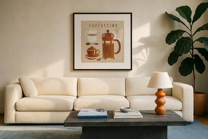 Cappuccino on Linen by Wild Apple Portfolio. Displayed in a glass frame with matte in a clean modern living room. Available as an archival giclee rolled canvas, fine art paper, or poster print. SKU 19783a.