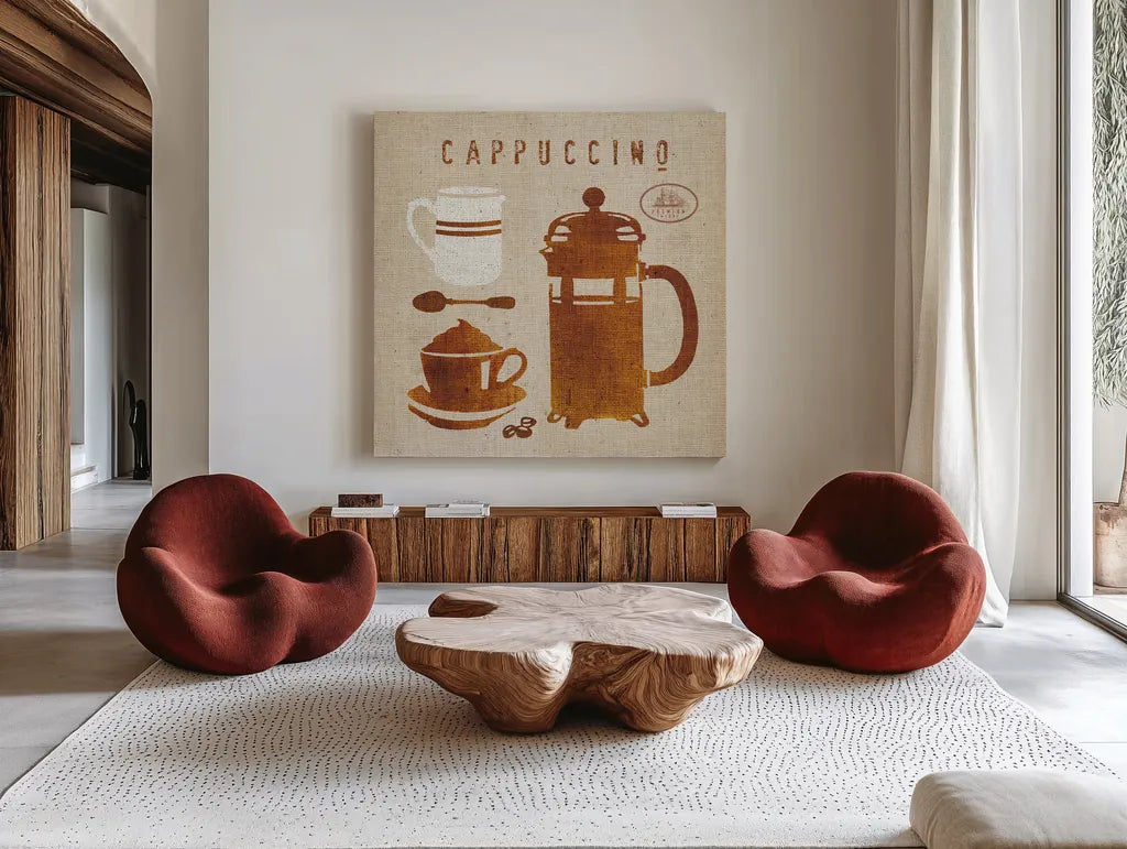 Cappuccino on Linen by Wild Apple Portfolio. Shown as extra-large giant wall art in a modern living room. Available as an archival giclee rolled canvas, fine art paper, or poster print. SKU 19783a.