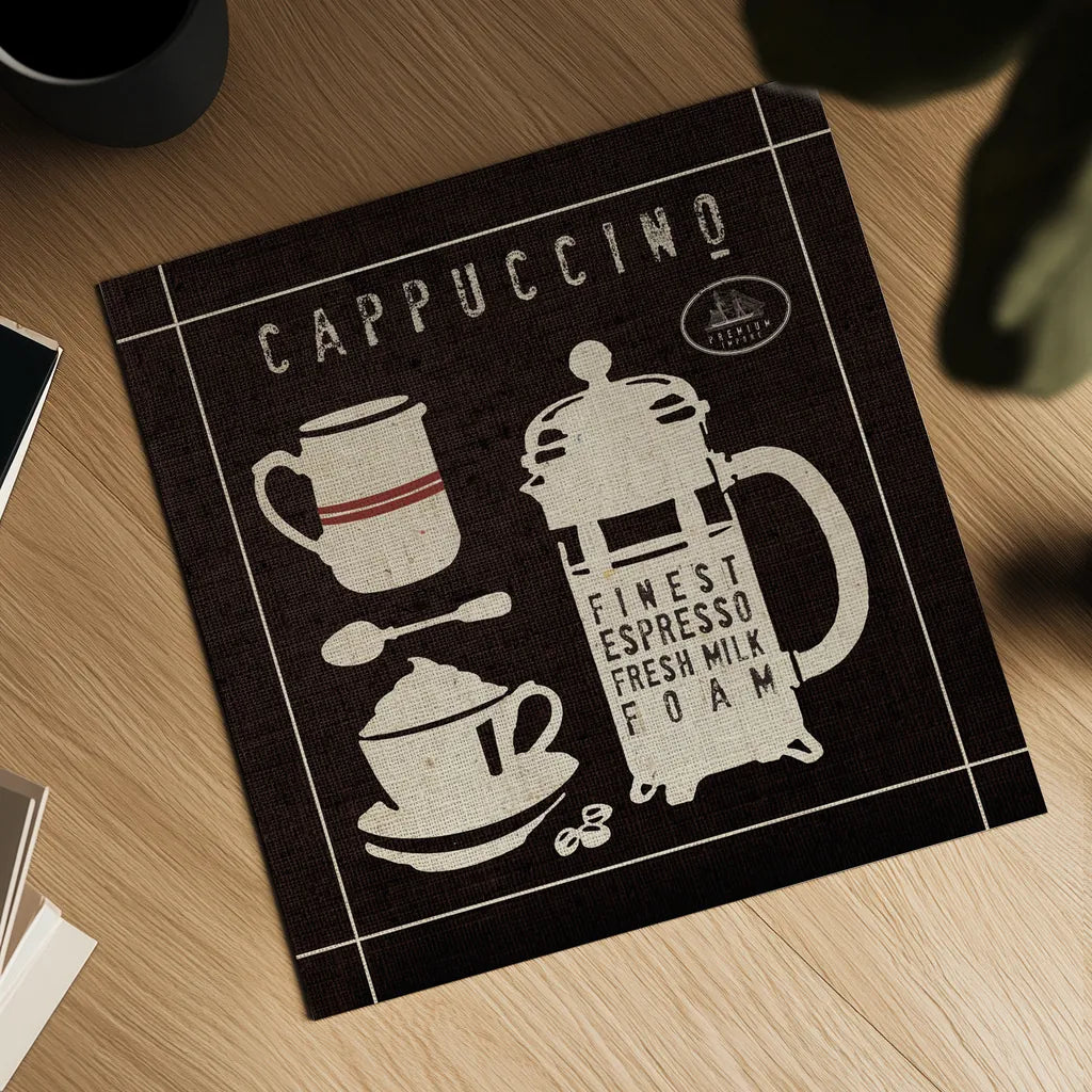 Cappucino on Linen Black by Wild Apple Portfolio. Shown as a detailed flat fine art print, highlighting archival giclee quality. Available as an archival giclee rolled canvas, fine art paper, or poster print. SKU 39917a.