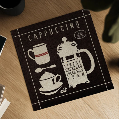 Cappucino on Linen Black by Wild Apple Portfolio. Shown as a detailed flat fine art print, highlighting archival giclee quality. Available as an archival giclee rolled canvas, fine art paper, or poster print. SKU 39917a.