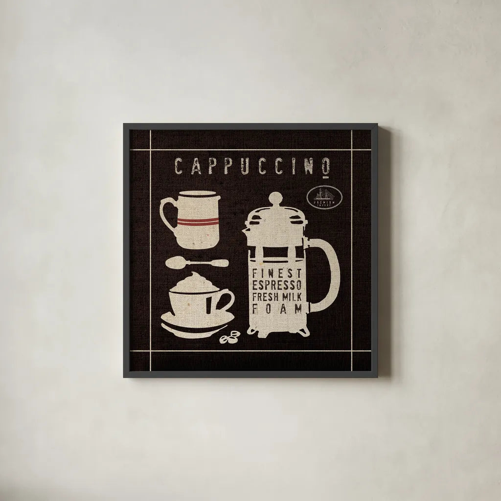 Cappucino on Linen Black by Wild Apple Portfolio. Shown in a sleek black glass frame for a contemporary gallery look. Available as an archival giclee rolled canvas, fine art paper, or poster print. SKU 39917a.