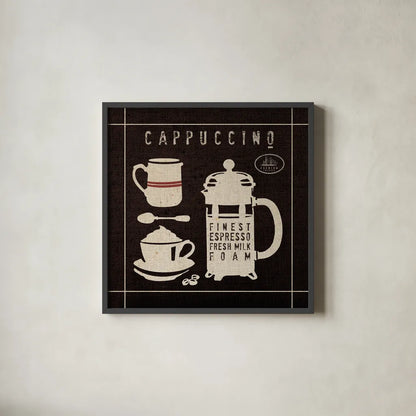 Cappucino on Linen Black by Wild Apple Portfolio. Shown in a sleek black glass frame for a contemporary gallery look. Available as an archival giclee rolled canvas, fine art paper, or poster print. SKU 39917a.