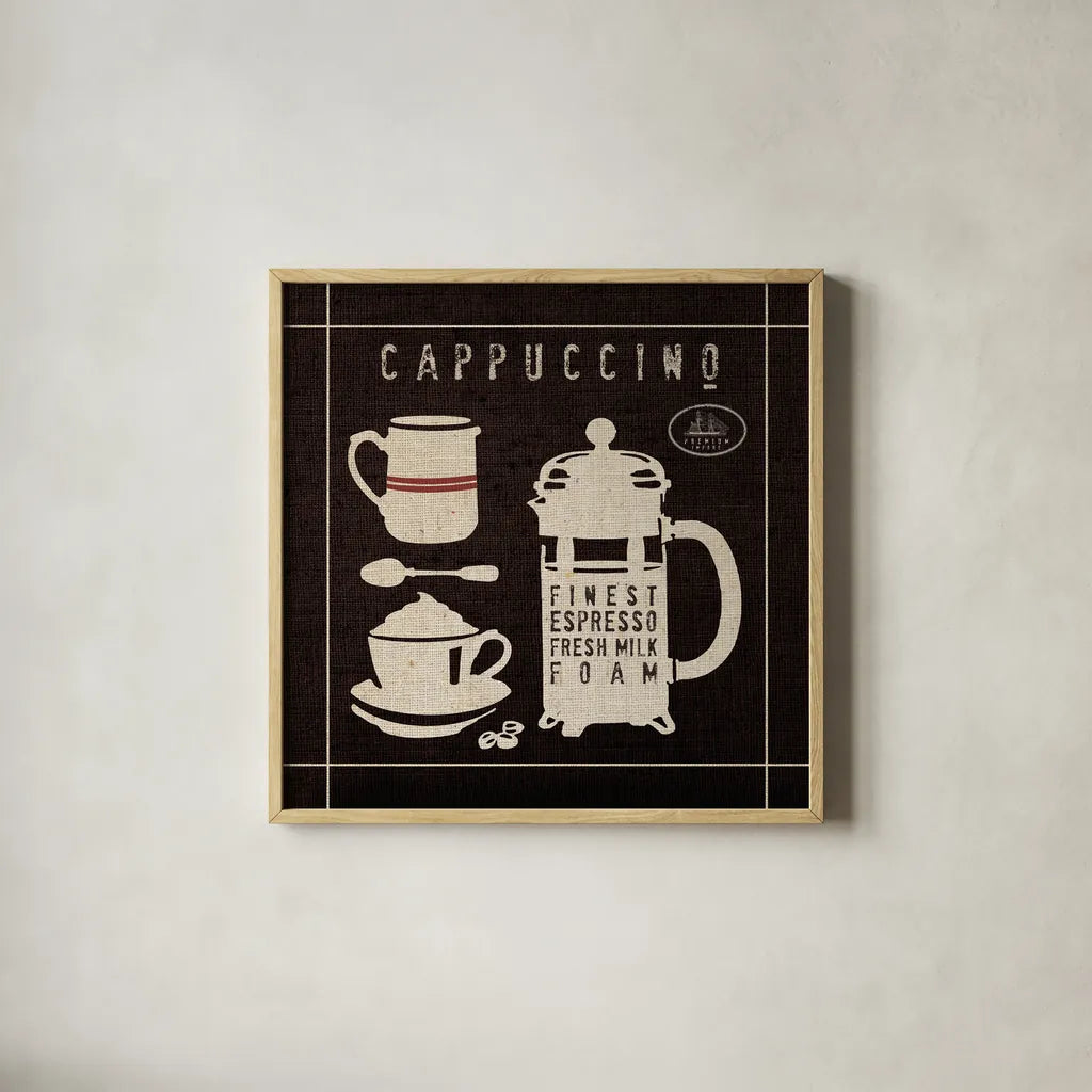 Cappucino on Linen Black by Wild Apple Portfolio. Shown in a natural wood glass frame for a timeless modern aesthetic. Available as an archival giclee rolled canvas, fine art paper, or poster print. SKU 39917a.