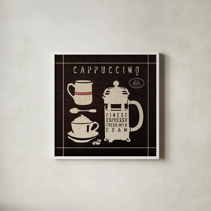 Cappucino on Linen Black by Wild Apple Portfolio. Shown in a crisp white glass frame for a clean and minimalist style. Available as an archival giclee rolled canvas, fine art paper, or poster print. SKU 39917a.