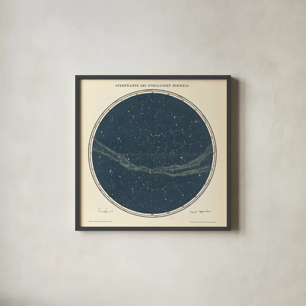 Celestial Sphere North by Wild Apple Portfolio. Shown in a sleek black glass frame for a contemporary gallery look. Available as an archival giclee rolled canvas, fine art paper, or poster print. SKU 13048a.