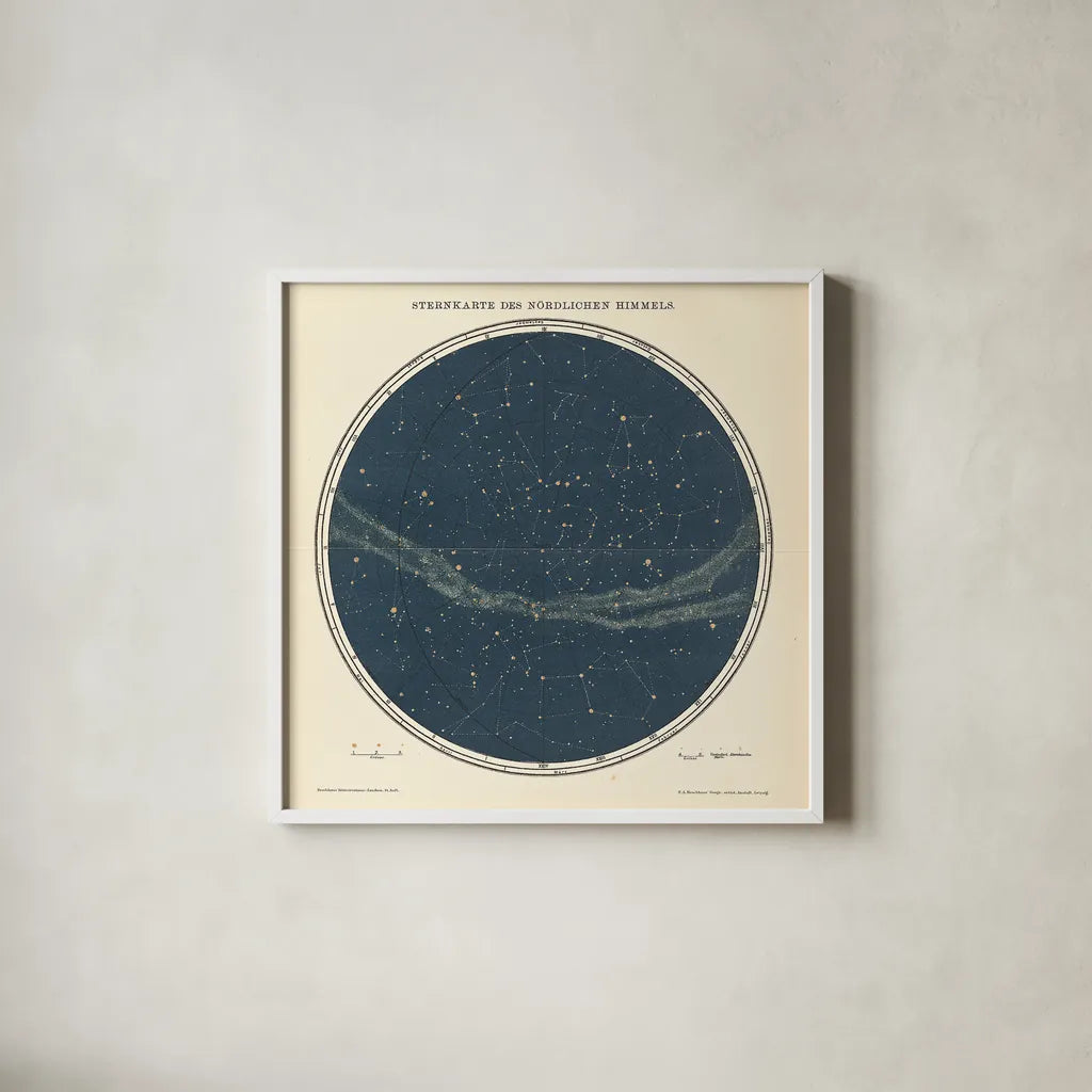 Celestial Sphere North by Wild Apple Portfolio. Shown in a crisp white glass frame for a clean and minimalist style. Available as an archival giclee rolled canvas, fine art paper, or poster print. SKU 13048a.