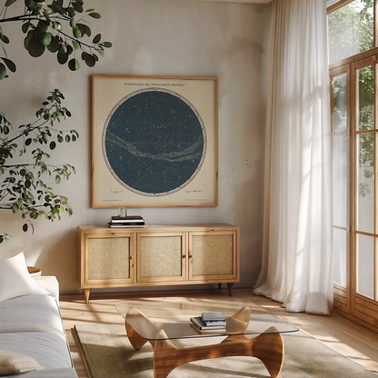 Celestial Sphere North by Wild Apple Portfolio. Shown in a natural wood frame in a cozy modern living room. Available as an archival giclee rolled canvas, fine art paper, or poster print. SKU 13048a.