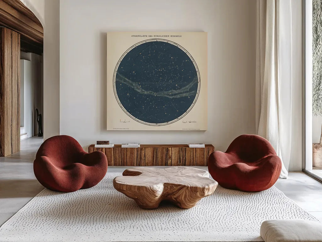 Celestial Sphere North by Wild Apple Portfolio. Shown as extra-large giant wall art in a modern living room. Available as an archival giclee rolled canvas, fine art paper, or poster print. SKU 13048a.