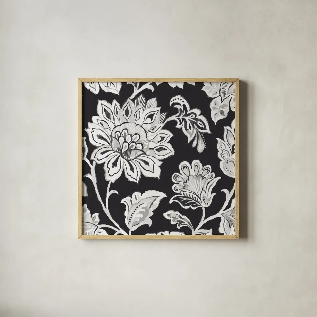 Ceylon Gardens III BW by Wild Apple Portfolio. Shown in a natural wood glass frame for a timeless modern aesthetic. Available as an archival giclee rolled canvas, fine art paper, or poster print. SKU 75654a.