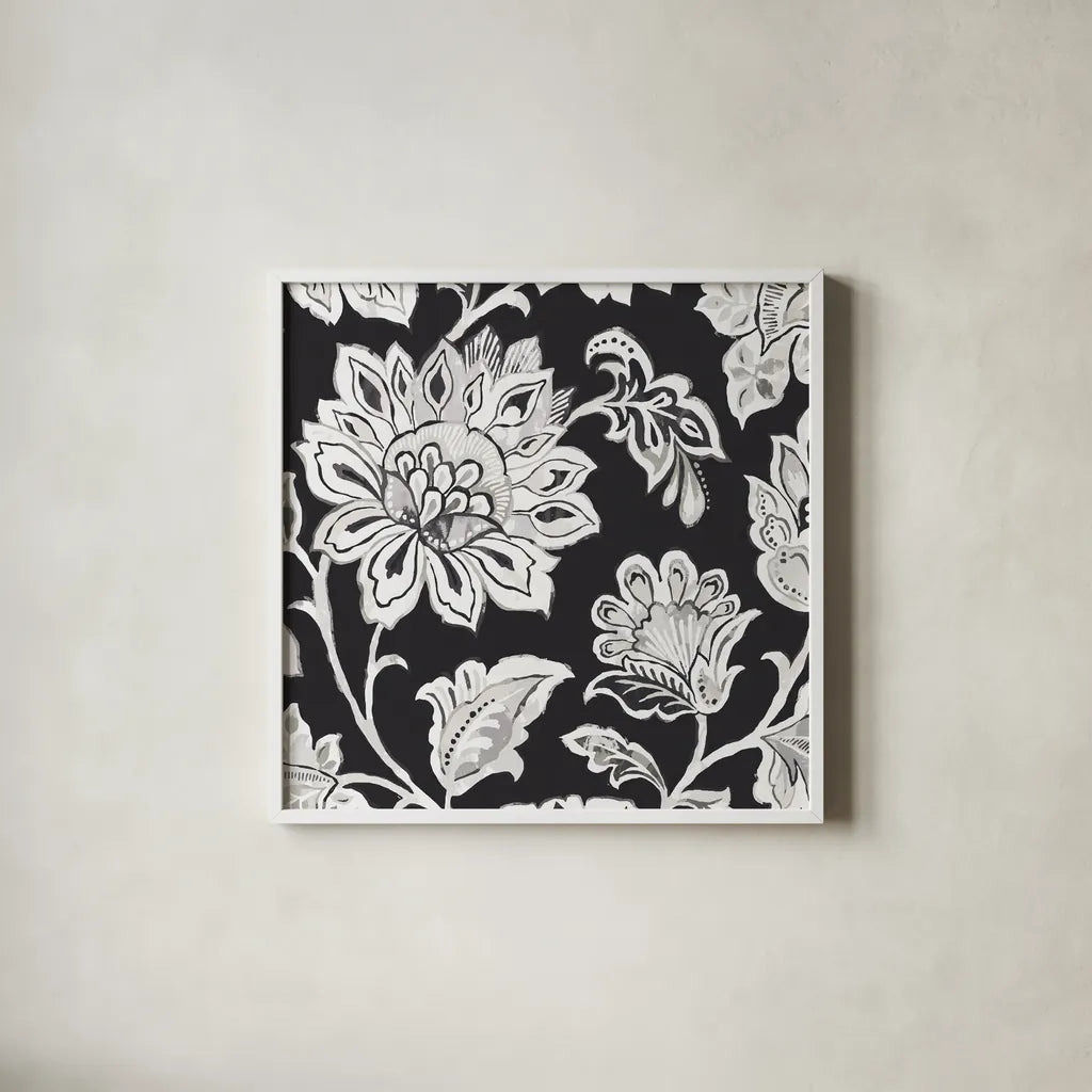 Ceylon Gardens III BW by Wild Apple Portfolio. Shown in a crisp white glass frame for a clean and minimalist style. Available as an archival giclee rolled canvas, fine art paper, or poster print. SKU 75654a.