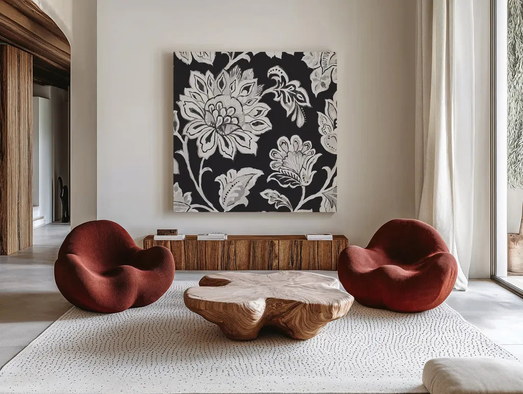 Ceylon Gardens III BW by Wild Apple Portfolio. Shown as extra-large giant wall art in a modern living room. Available as an archival giclee rolled canvas, fine art paper, or poster print. SKU 75654a.
