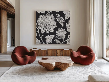 Ceylon Gardens III BW by Wild Apple Portfolio. Shown as extra-large giant wall art in a modern living room. Available as an archival giclee rolled canvas, fine art paper, or poster print. SKU 75654a.