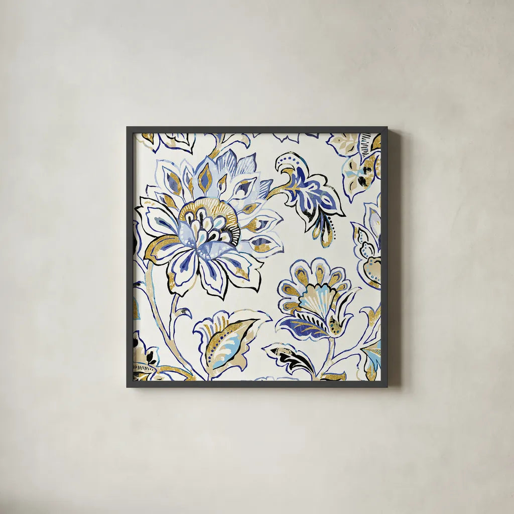 Ceylon Gardens III Black and Gold by Wild Apple Portfolio. Shown in a sleek black glass frame for a contemporary gallery look. Available as an archival giclee rolled canvas, fine art paper, or poster print. SKU 28728a.