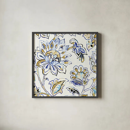 Ceylon Gardens III Black and Gold by Wild Apple Portfolio. Shown in a sleek black glass frame for a contemporary gallery look. Available as an archival giclee rolled canvas, fine art paper, or poster print. SKU 28728a.