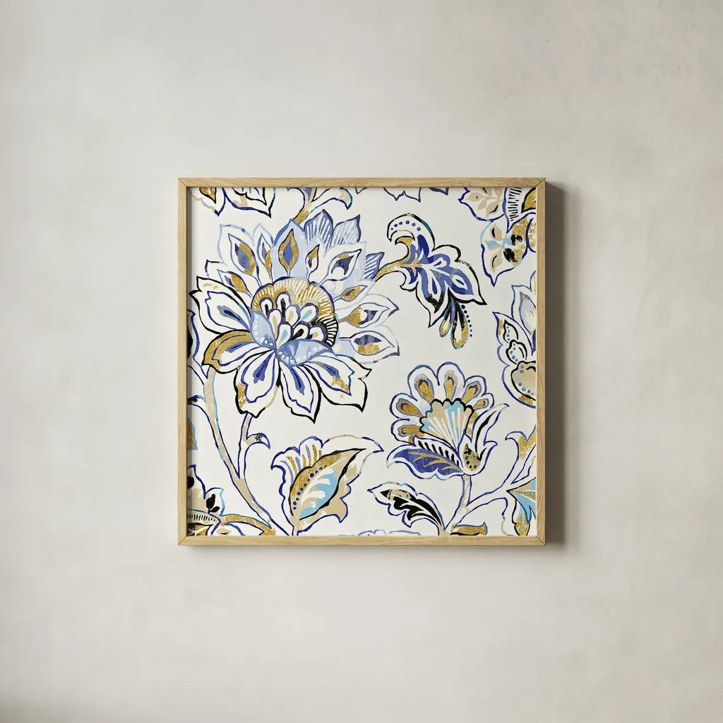 Ceylon Gardens III Black and Gold by Wild Apple Portfolio. Shown in a natural wood glass frame for a timeless modern aesthetic. Available as an archival giclee rolled canvas, fine art paper, or poster print. SKU 28728a.