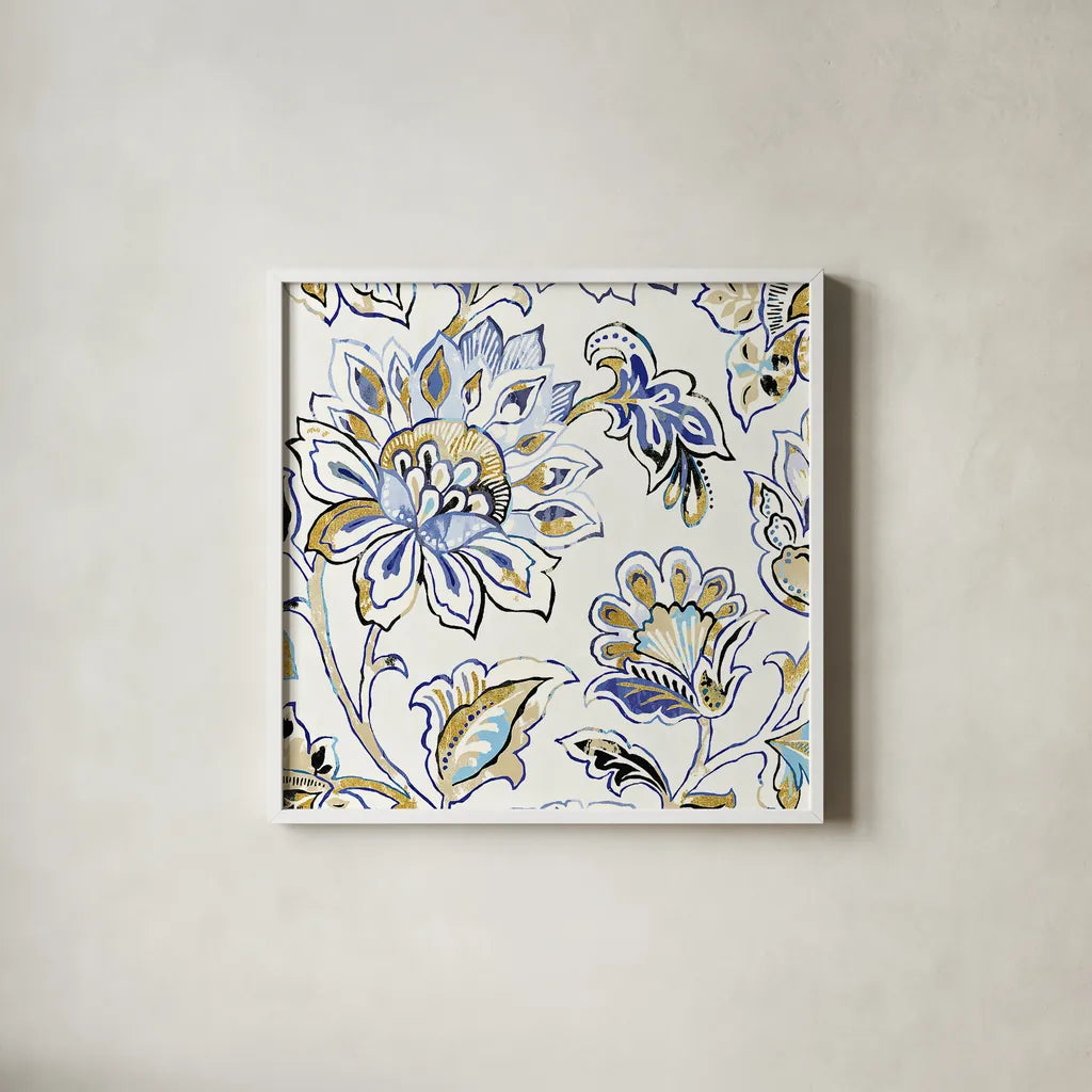 Ceylon Gardens III Black and Gold by Wild Apple Portfolio. Shown in a crisp white glass frame for a clean and minimalist style. Available as an archival giclee rolled canvas, fine art paper, or poster print. SKU 28728a.