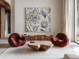 Ceylon Gardens III Black and Gold by Wild Apple Portfolio. Shown as extra-large giant wall art in a modern living room. Available as an archival giclee rolled canvas, fine art paper, or poster print. SKU 28728a.