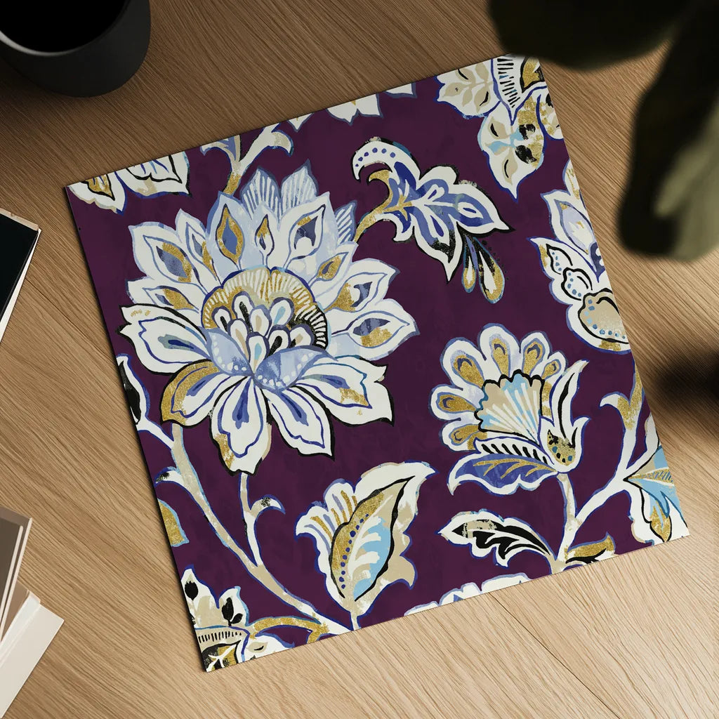 Ceylon Gardens III Plum by Wild Apple Portfolio. Shown as a detailed flat fine art print, highlighting archival giclee quality. Available as an archival giclee rolled canvas, fine art paper, or poster print. SKU 51741a.