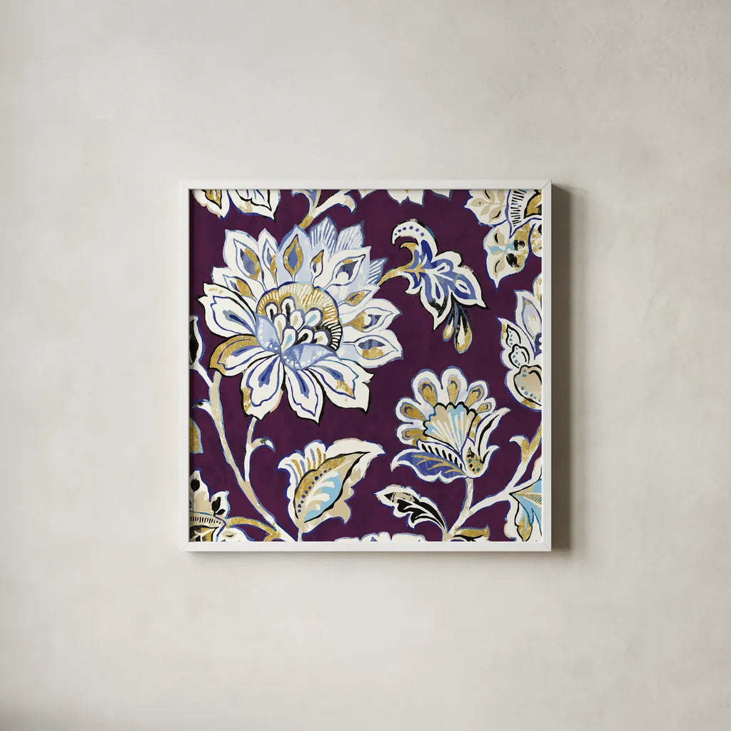 Ceylon Gardens III Plum by Wild Apple Portfolio. Shown in a crisp white glass frame for a clean and minimalist style. Available as an archival giclee rolled canvas, fine art paper, or poster print. SKU 51741a.