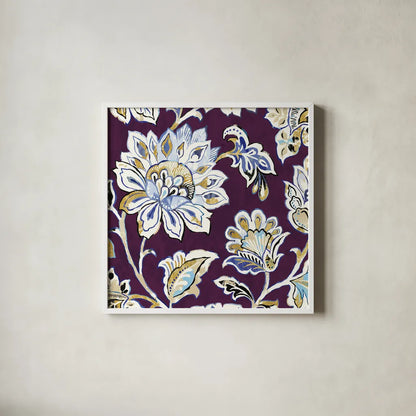 Ceylon Gardens III Plum by Wild Apple Portfolio. Shown in a crisp white glass frame for a clean and minimalist style. Available as an archival giclee rolled canvas, fine art paper, or poster print. SKU 51741a.