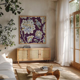 Ceylon Gardens III Plum by Wild Apple Portfolio. Shown in a natural wood frame in a cozy modern living room. Available as an archival giclee rolled canvas, fine art paper, or poster print. SKU 51741a.