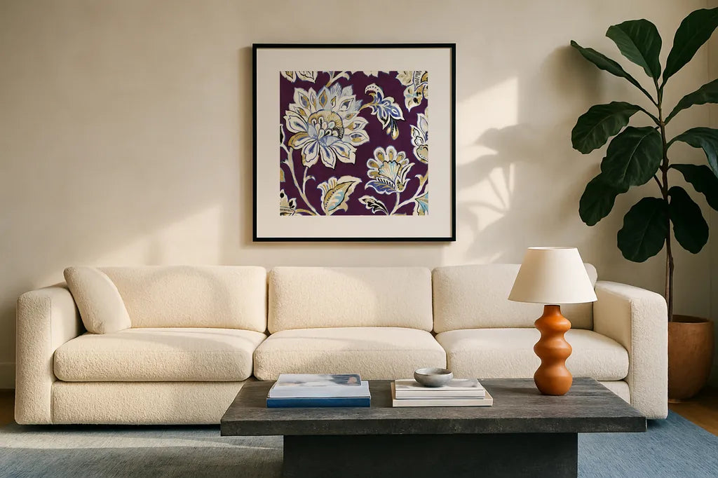 Ceylon Gardens III Plum by Wild Apple Portfolio. Displayed in a glass frame with matte in a clean modern living room. Available as an archival giclee rolled canvas, fine art paper, or poster print. SKU 51741a.