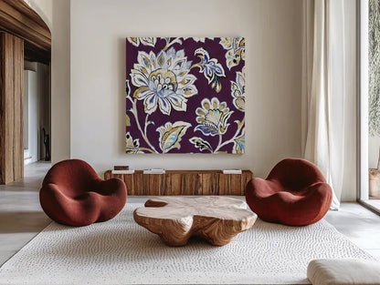 Ceylon Gardens III Plum by Wild Apple Portfolio. Shown as extra-large giant wall art in a modern living room. Available as an archival giclee rolled canvas, fine art paper, or poster print. SKU 51741a.