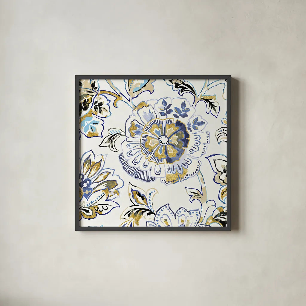 Ceylon Gardens IV Black and Gold by Wild Apple Portfolio. Shown in a sleek black glass frame for a contemporary gallery look. Available as an archival giclee rolled canvas, fine art paper, or poster print. SKU 28729a.