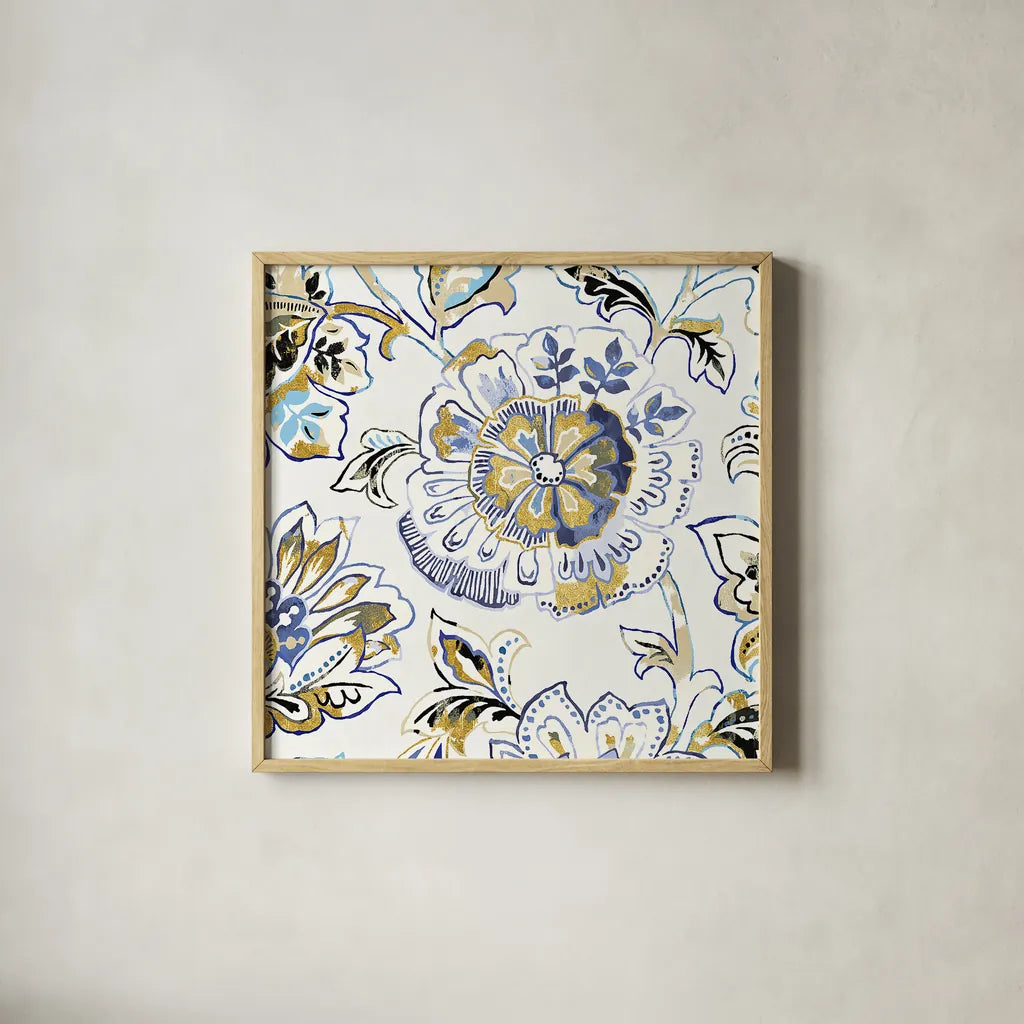 Ceylon Gardens IV Black and Gold by Wild Apple Portfolio. Shown in a natural wood glass frame for a timeless modern aesthetic. Available as an archival giclee rolled canvas, fine art paper, or poster print. SKU 28729a.