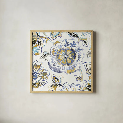 Ceylon Gardens IV Black and Gold by Wild Apple Portfolio. Shown in a natural wood glass frame for a timeless modern aesthetic. Available as an archival giclee rolled canvas, fine art paper, or poster print. SKU 28729a.