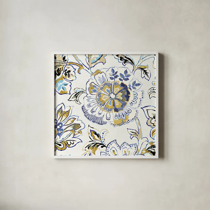 Ceylon Gardens IV Black and Gold by Wild Apple Portfolio. Shown in a crisp white glass frame for a clean and minimalist style. Available as an archival giclee rolled canvas, fine art paper, or poster print. SKU 28729a.