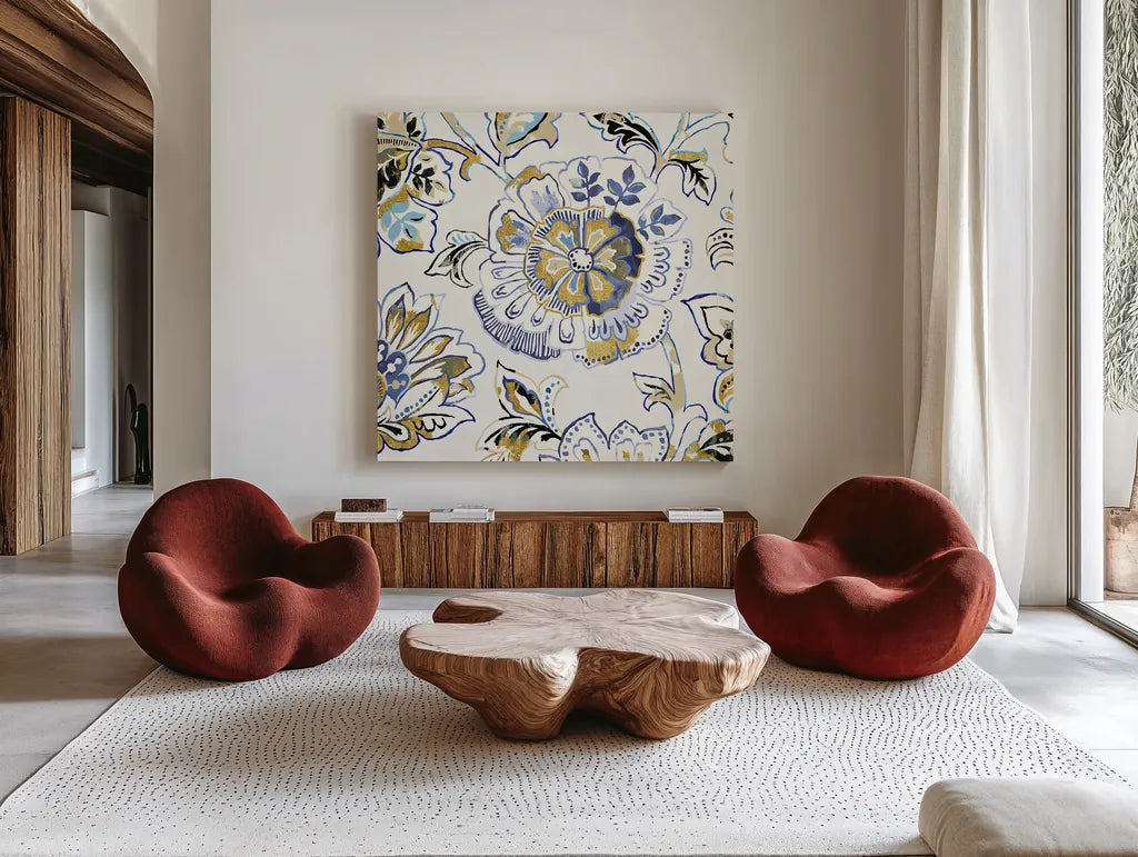 Ceylon Gardens IV Black and Gold by Wild Apple Portfolio. Shown as extra-large giant wall art in a modern living room. Available as an archival giclee rolled canvas, fine art paper, or poster print. SKU 28729a.