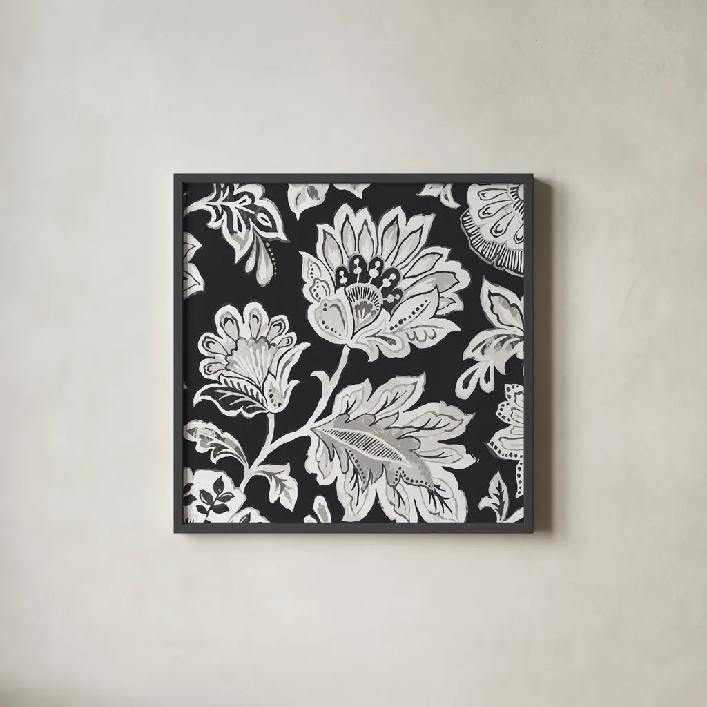 Ceylon Gardens V BW by Wild Apple Portfolio. Shown in a sleek black glass frame for a contemporary gallery look. Available as an archival giclee rolled canvas, fine art paper, or poster print. SKU 75655a.