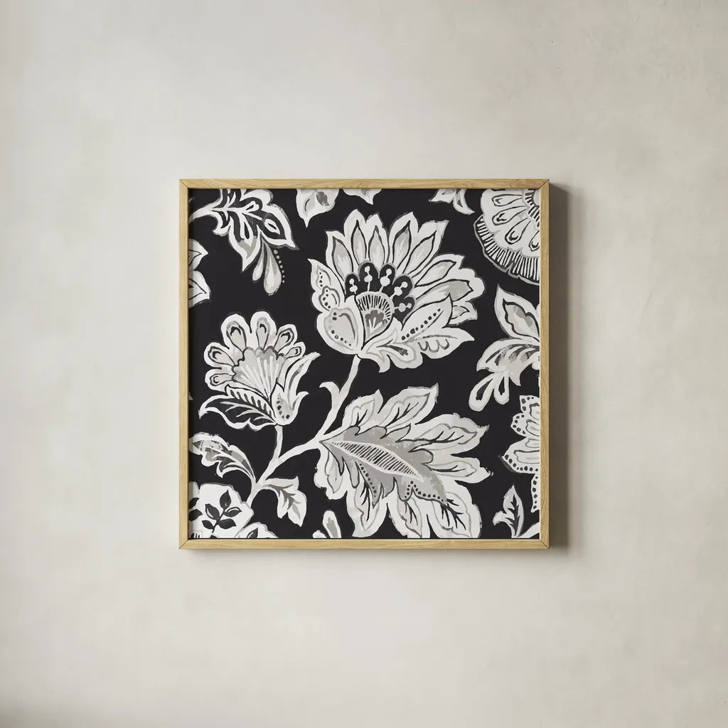 Ceylon Gardens V BW by Wild Apple Portfolio. Shown in a natural wood glass frame for a timeless modern aesthetic. Available as an archival giclee rolled canvas, fine art paper, or poster print. SKU 75655a.