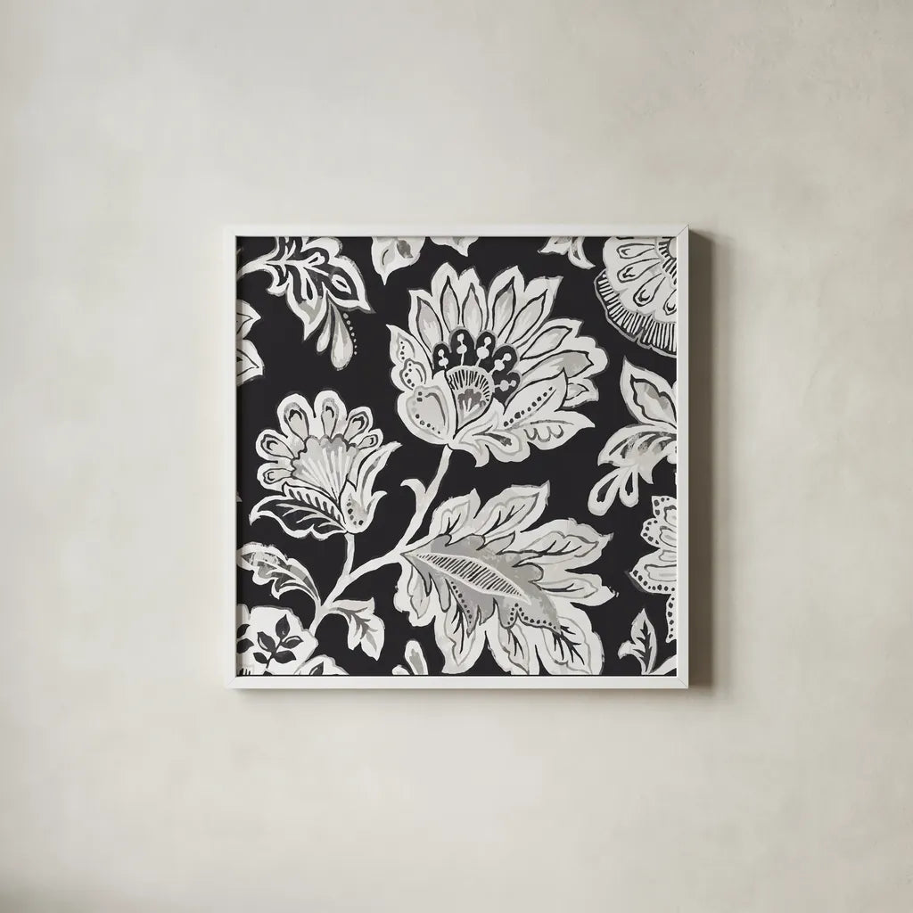 Ceylon Gardens V BW by Wild Apple Portfolio. Shown in a crisp white glass frame for a clean and minimalist style. Available as an archival giclee rolled canvas, fine art paper, or poster print. SKU 75655a.