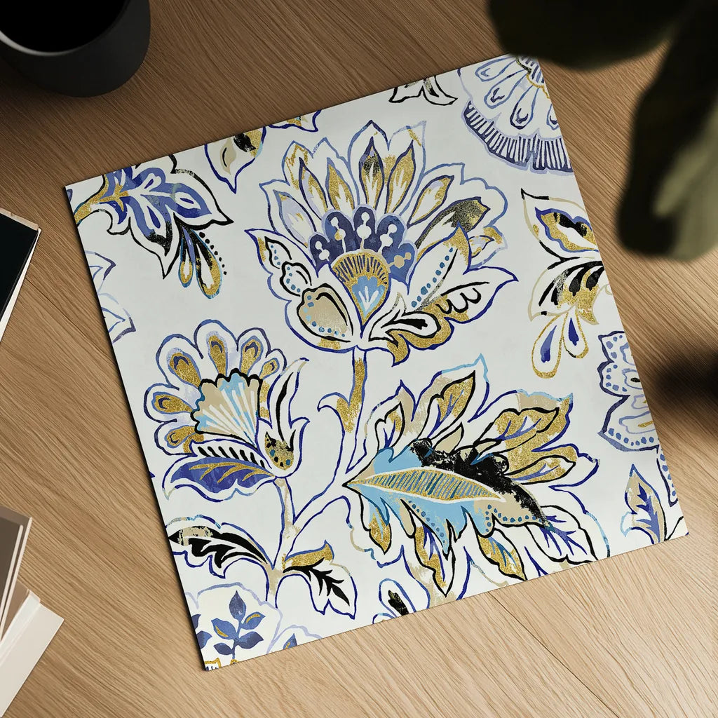 Ceylon Gardens V Black and Gold by Wild Apple Portfolio. Shown as a detailed flat fine art print, highlighting archival giclee quality. Available as an archival giclee rolled canvas, fine art paper, or poster print. SKU 28730a.