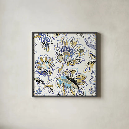 Ceylon Gardens V Black and Gold by Wild Apple Portfolio. Shown in a sleek black glass frame for a contemporary gallery look. Available as an archival giclee rolled canvas, fine art paper, or poster print. SKU 28730a.