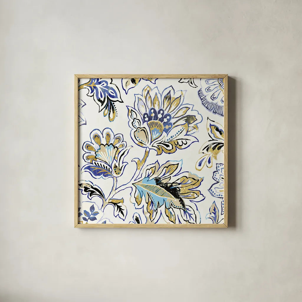 Ceylon Gardens V Black and Gold by Wild Apple Portfolio. Shown in a natural wood glass frame for a timeless modern aesthetic. Available as an archival giclee rolled canvas, fine art paper, or poster print. SKU 28730a.