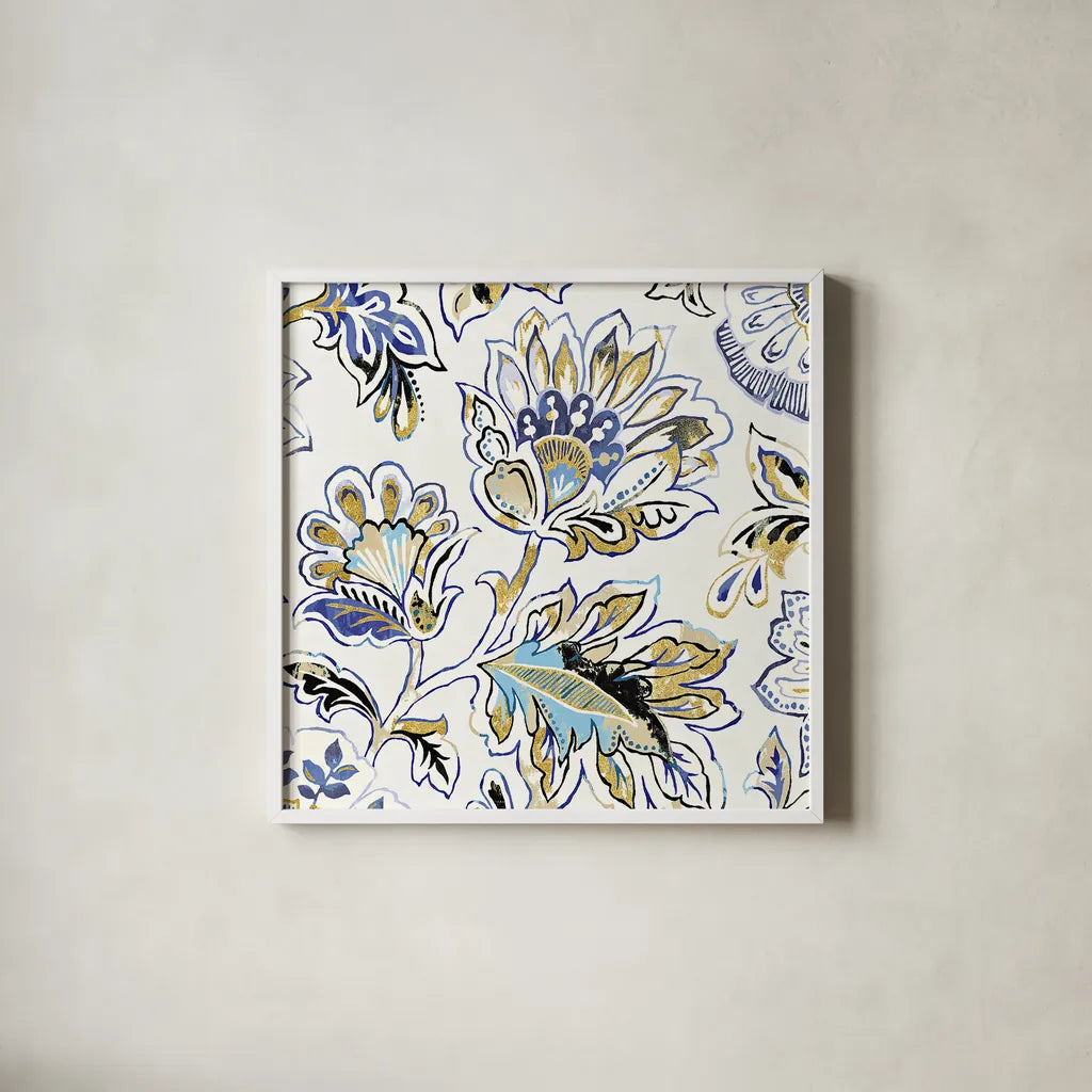 Ceylon Gardens V Black and Gold by Wild Apple Portfolio. Shown in a crisp white glass frame for a clean and minimalist style. Available as an archival giclee rolled canvas, fine art paper, or poster print. SKU 28730a.