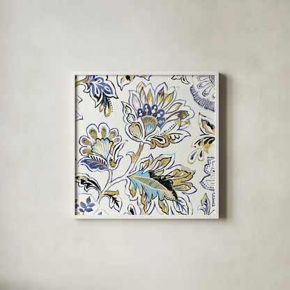 Ceylon Gardens V Black and Gold by Wild Apple Portfolio. Shown in a crisp white glass frame for a clean and minimalist style. Available as an archival giclee rolled canvas, fine art paper, or poster print. SKU 28730a.