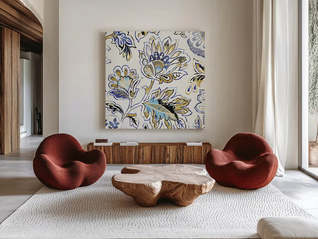 Ceylon Gardens V Black and Gold by Wild Apple Portfolio. Shown as extra-large giant wall art in a modern living room. Available as an archival giclee rolled canvas, fine art paper, or poster print. SKU 28730a.