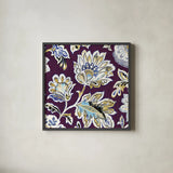 Ceylon Gardens V Plum by Wild Apple Portfolio. Shown in a sleek black glass frame for a contemporary gallery look. Available as an archival giclee rolled canvas, fine art paper, or poster print. SKU 65148a.