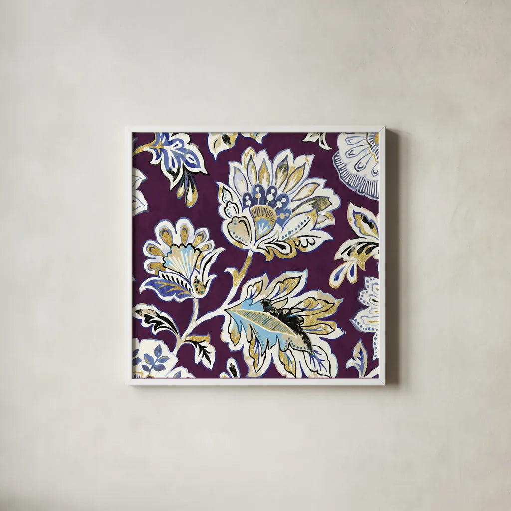Ceylon Gardens V Plum by Wild Apple Portfolio. Shown in a crisp white glass frame for a clean and minimalist style. Available as an archival giclee rolled canvas, fine art paper, or poster print. SKU 65148a.