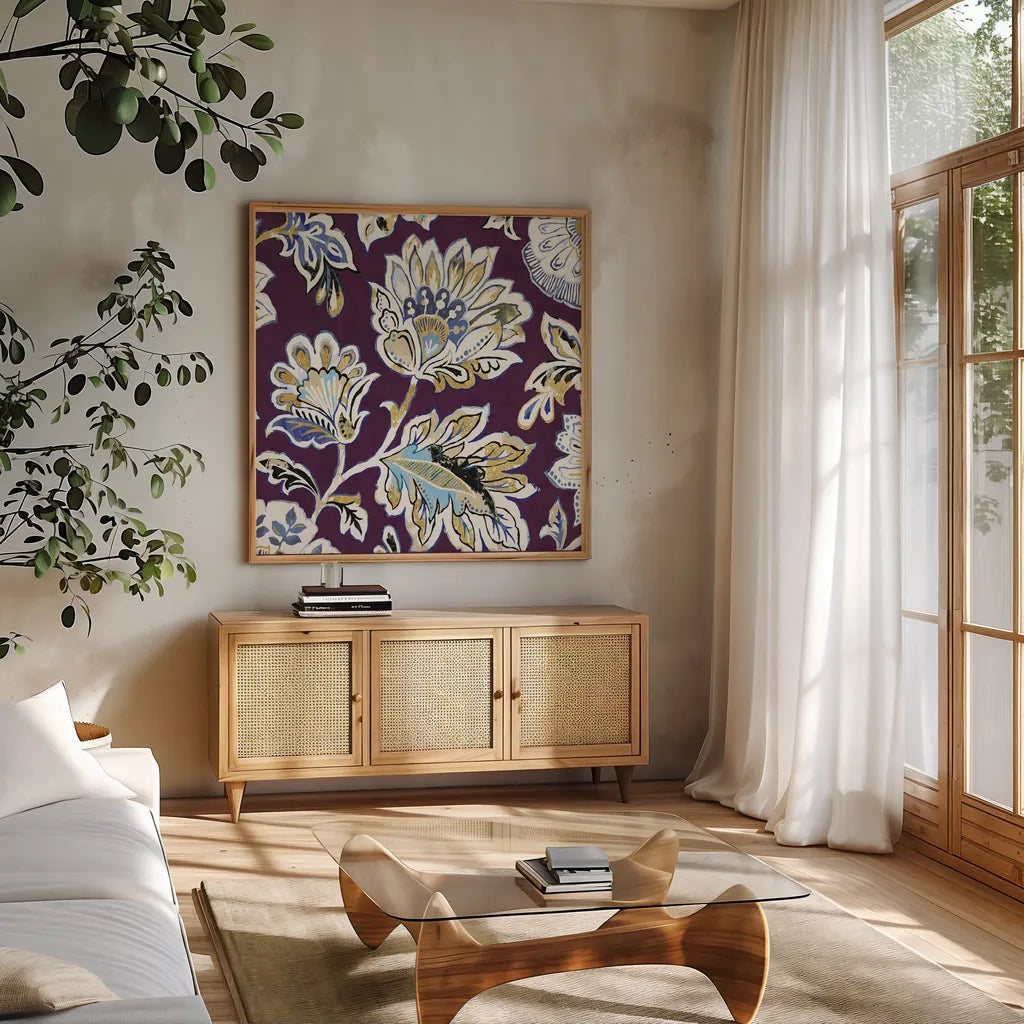 Ceylon Gardens V Plum by Wild Apple Portfolio. Shown in a natural wood frame in a cozy modern living room. Available as an archival giclee rolled canvas, fine art paper, or poster print. SKU 65148a.