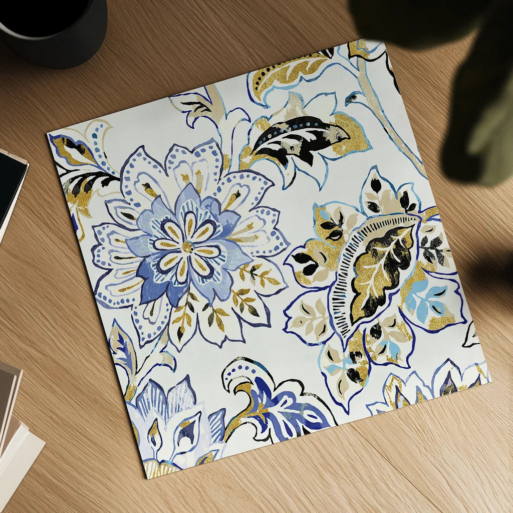 Ceylon Gardens VI Black and Gold by Wild Apple Portfolio. Shown as a detailed flat fine art print, highlighting archival giclee quality. Available as an archival giclee rolled canvas, fine art paper, or poster print. SKU 28731a.