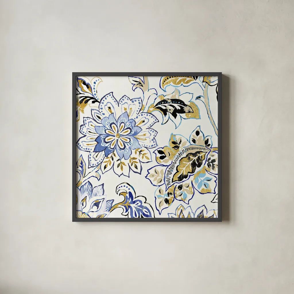 Ceylon Gardens VI Black and Gold by Wild Apple Portfolio. Shown in a sleek black glass frame for a contemporary gallery look. Available as an archival giclee rolled canvas, fine art paper, or poster print. SKU 28731a.